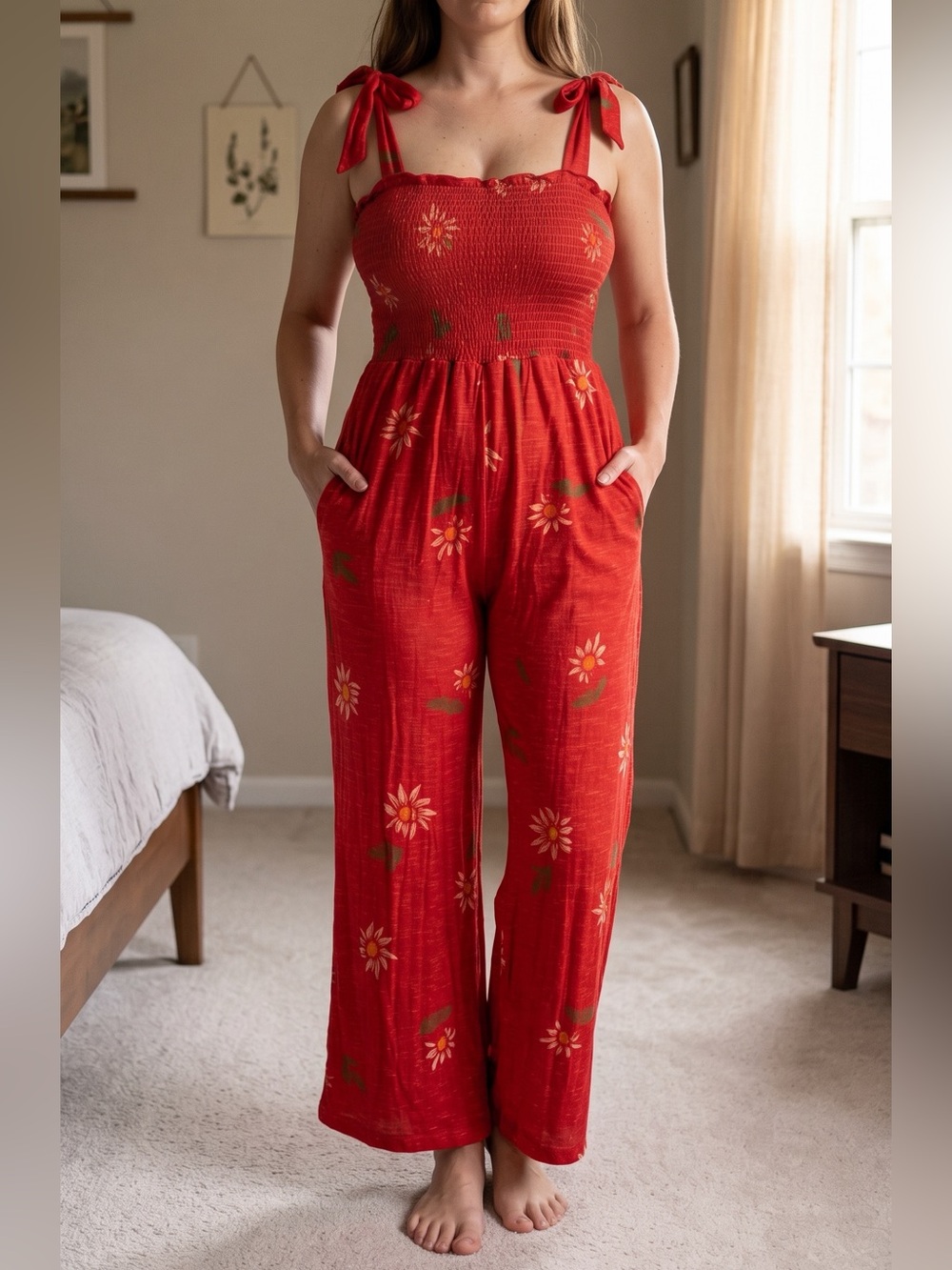 Toad&Co - Red Floral Smocked Wide-Leg Jumpsuit w/Pockets - XS